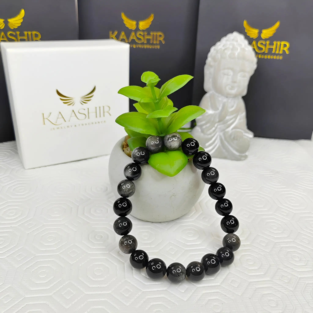 Silver Obsidian Bracelet – Unisex Handmade Crystal Jewelry | Kaashir