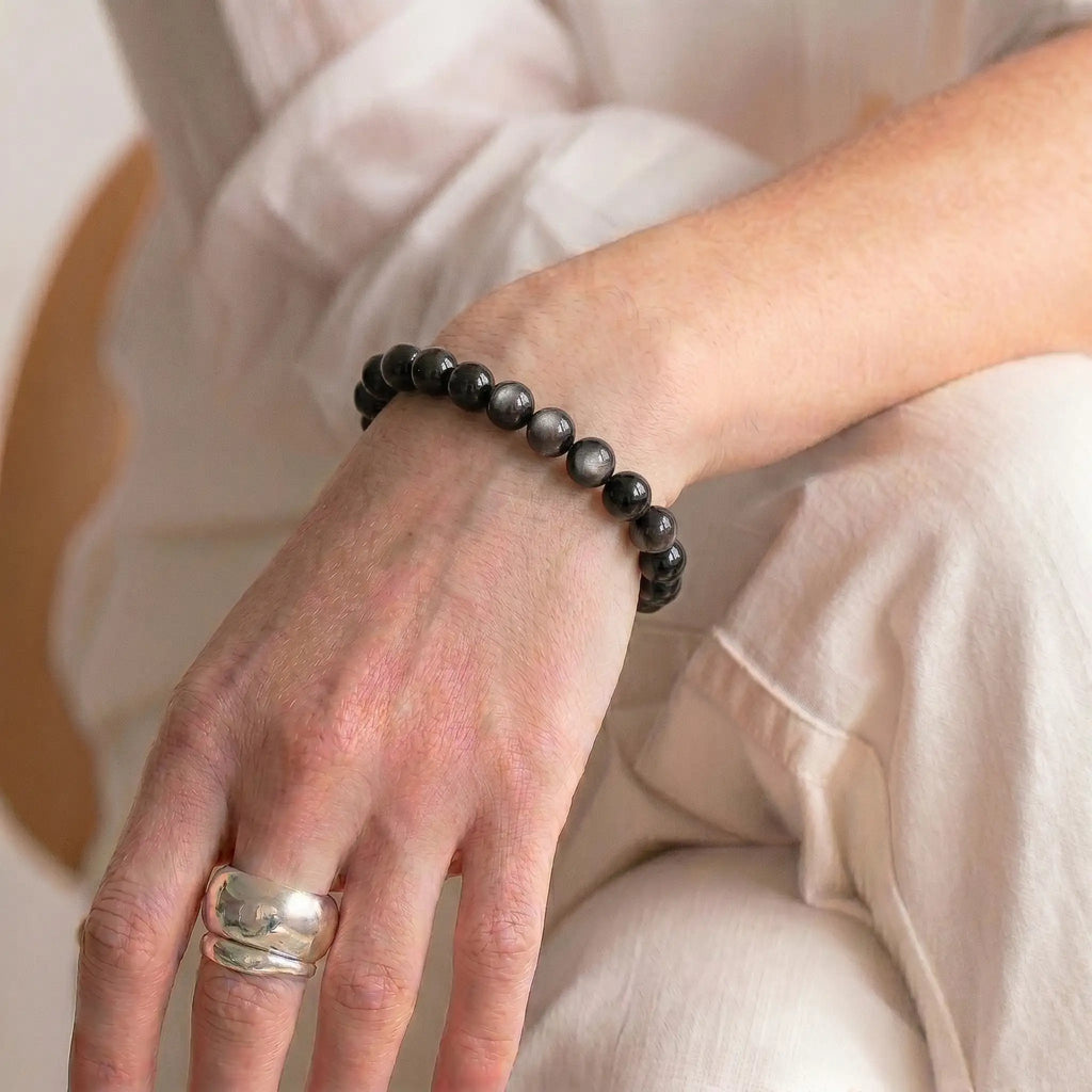 silver obsidian bracelet for women natural healing self-reflection