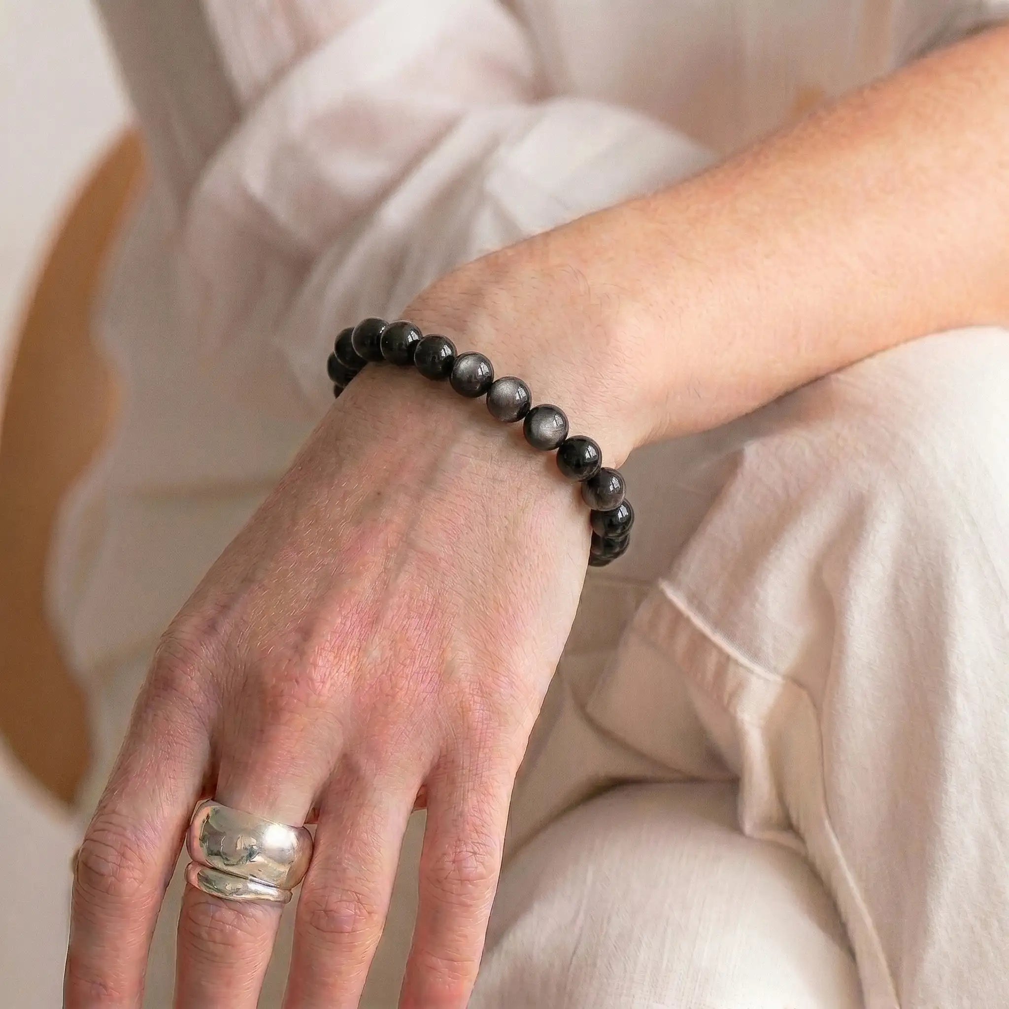 silver obsidian bracelet for women natural healing self-reflection