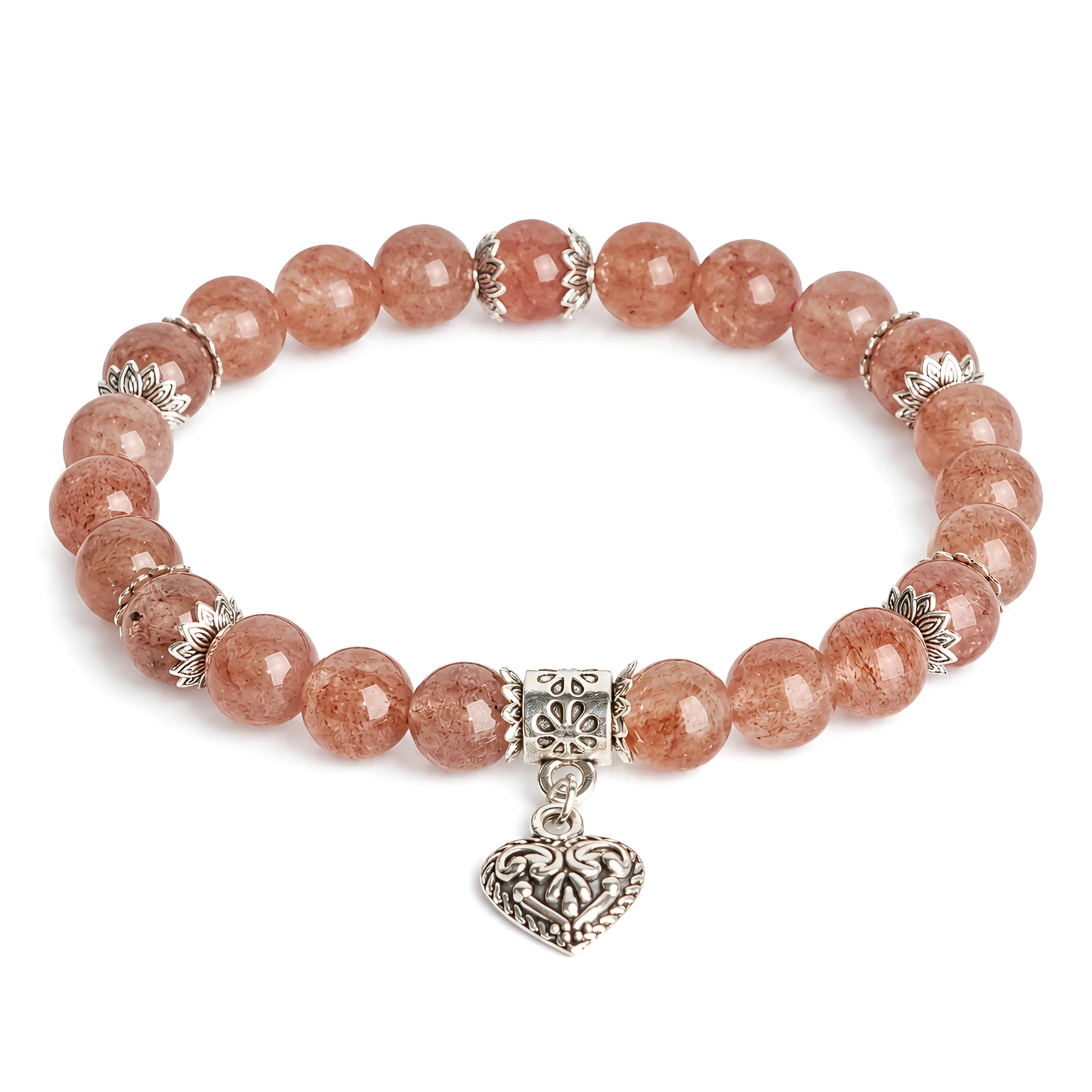 Strawberry quartz heart charm bracelet 8mm — warm pink gemstone beads with ornate silver heart charm
