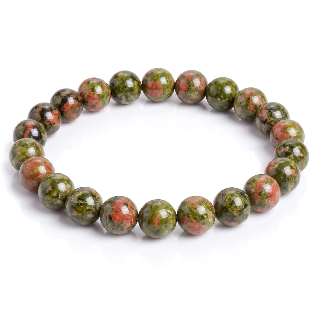 Unakite natural gemstone beaded bracelet with olive green and salmon pink mottled beads, handmade by Kaashir