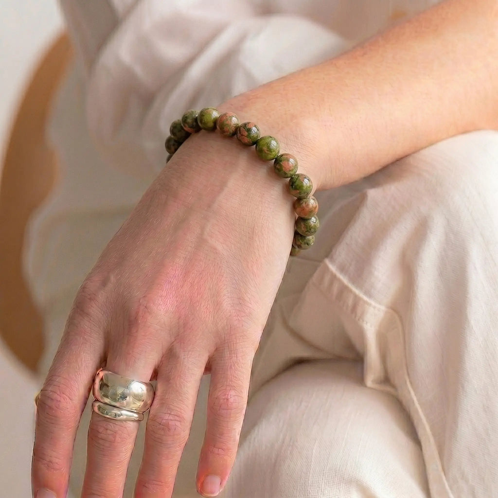 unakite bracelet for women, natural crystal beaded gemstone self-love compassion bracelet.