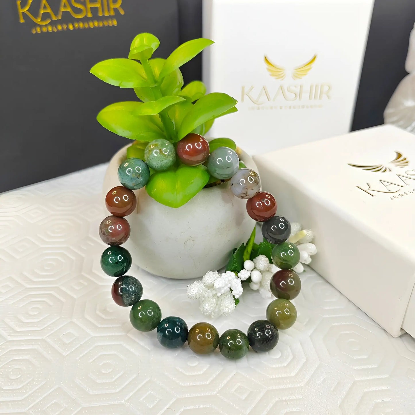 Indian Agate Bracelet – Handmade Beaded Stone Jewelry for Men & Women - Kaashir Jewelry & Fragrance