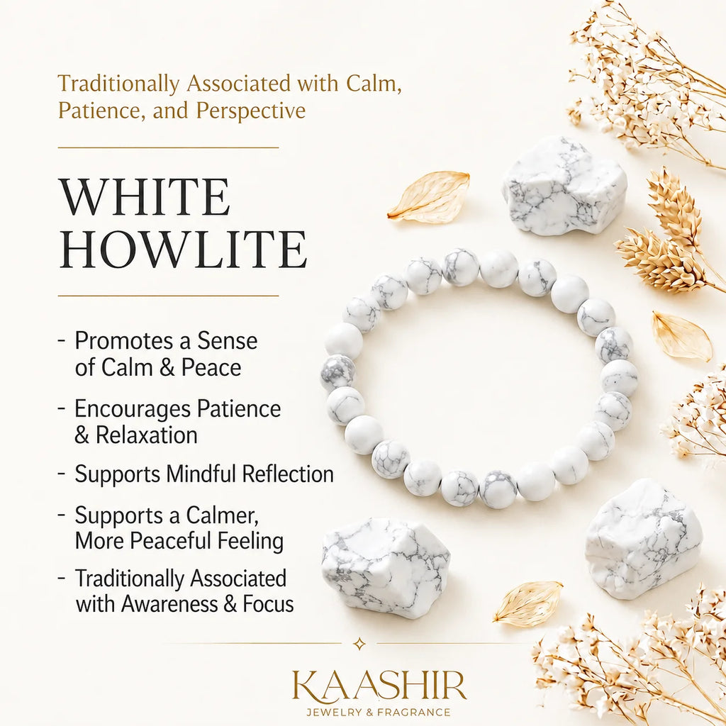White Howlite bracelet benefit card — calm, patience, mindful reflection