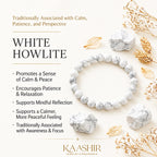 White Howlite bracelet benefit card — calm, patience, mindful reflection