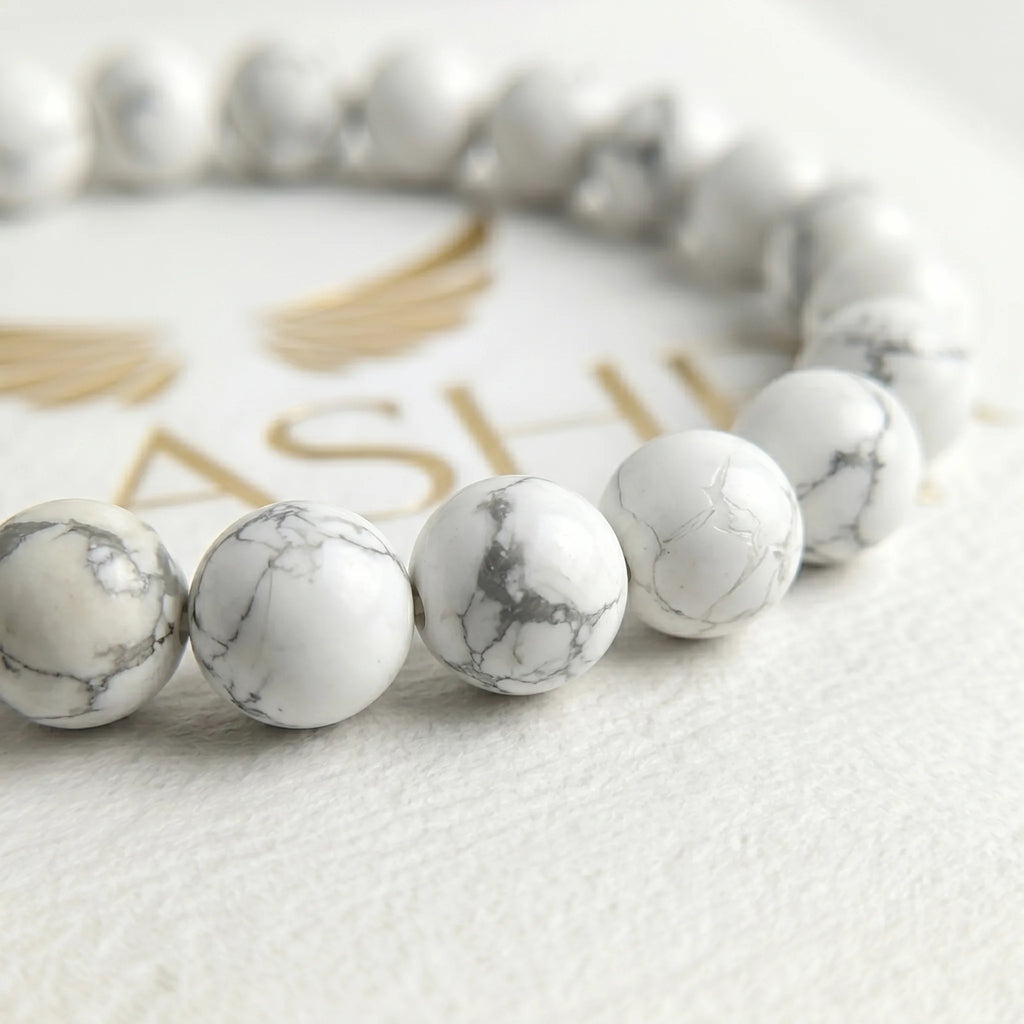 howlite bracelet natural stone beads close up white grey veining