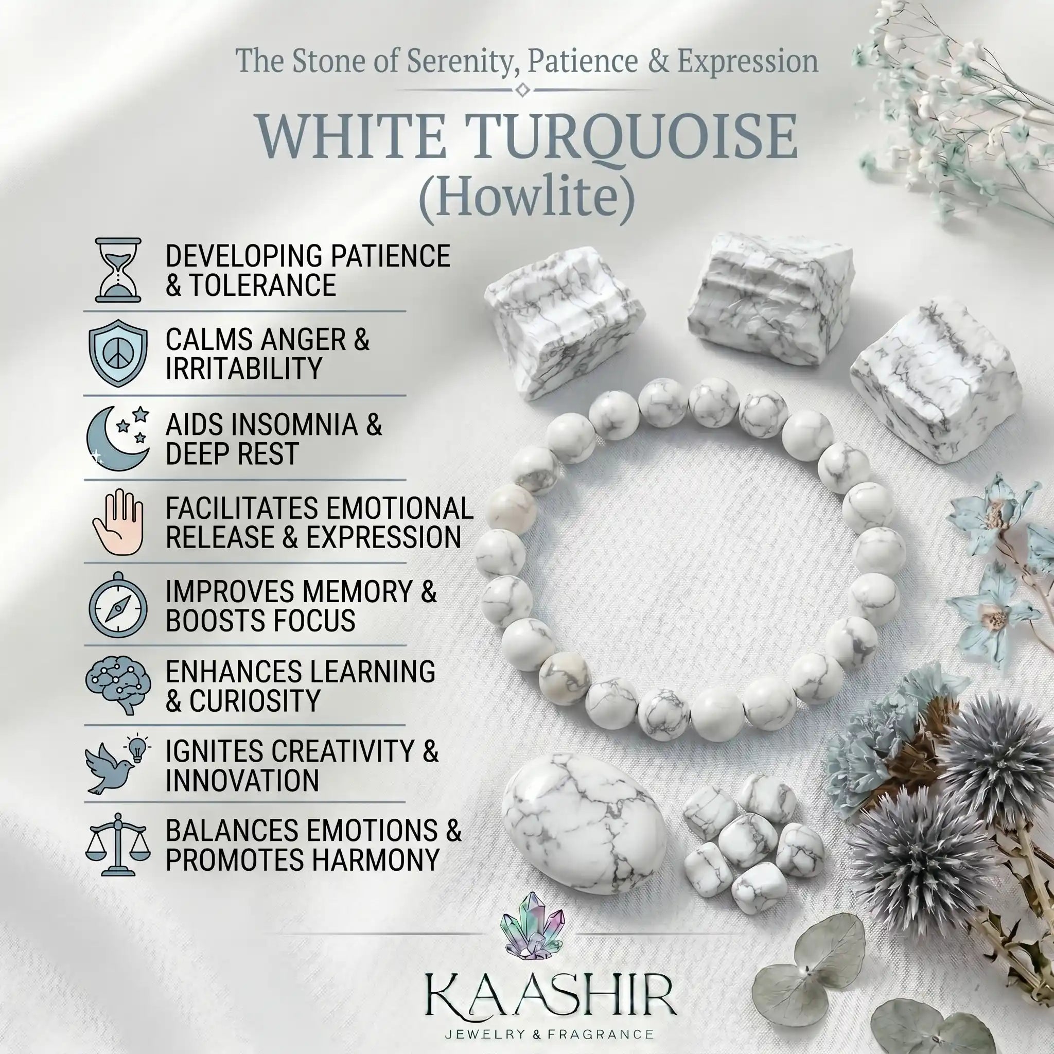 howlite bracelet benefits meaning calm sleep peace crown chakra