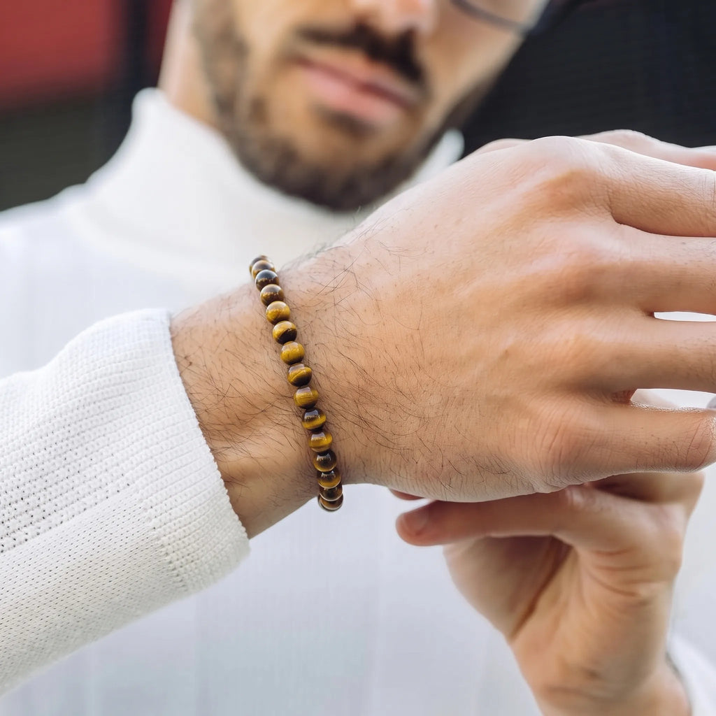 Yellow Tiger Eye 6mm Beaded Gemstone Bracelet worn on wrist – Kaashir Jewelry
