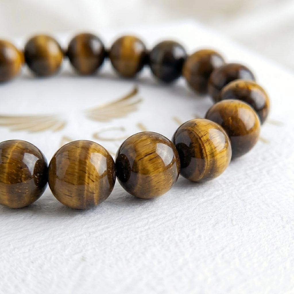 yellow tiger eye bracelet natural stone beads close up detail